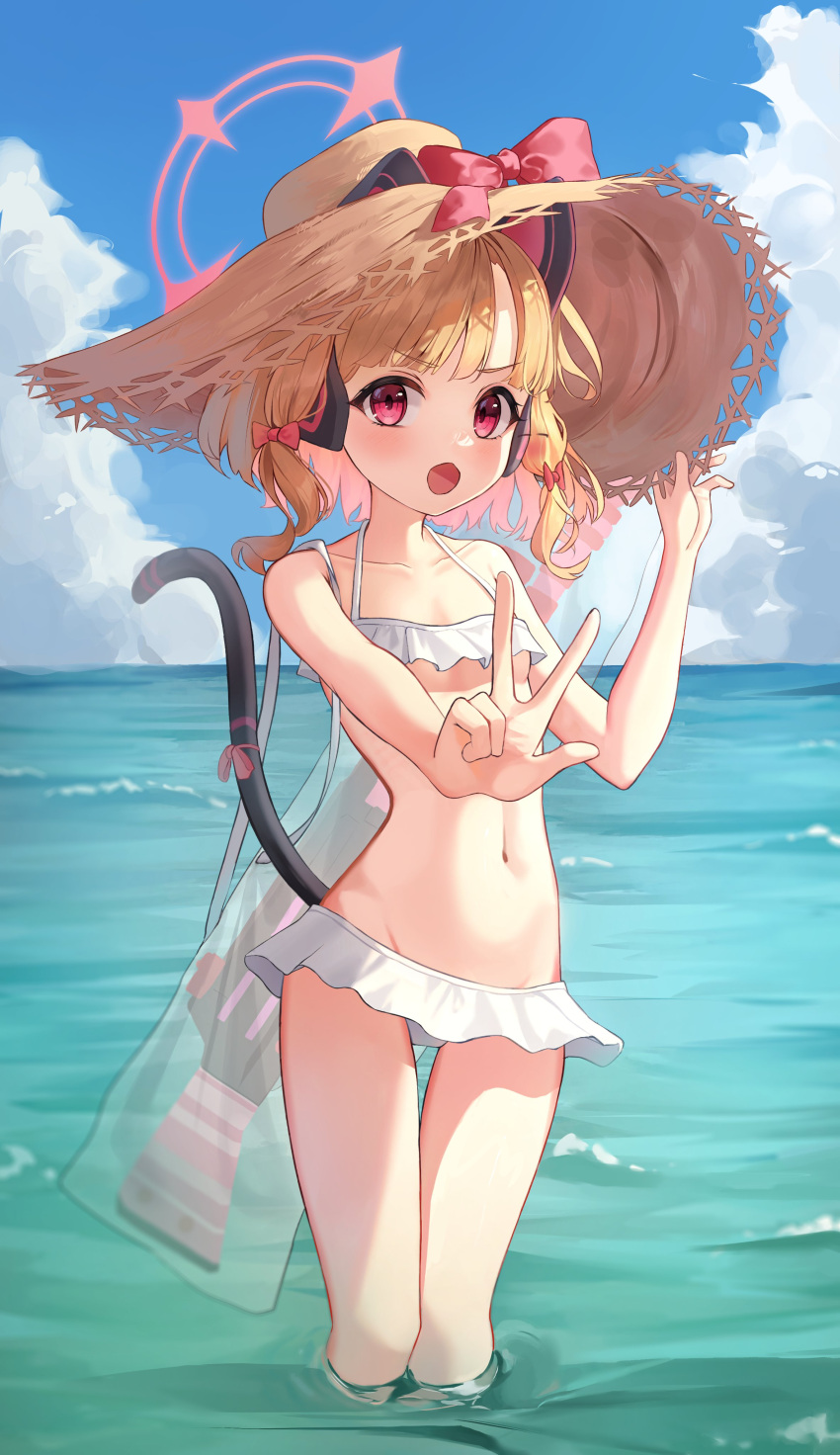 1girl :o absurdres alternate_costume animal_ear_headphones animal_ears bare_arms bare_shoulders bikini bikini_skirt blonde_hair blue_archive blue_sky blush bow breasts cat_ears cat_tail cloud cloudy_sky collarbone commentary fake_animal_ears fake_tail groin hair_bow halterneck hand_up hat hat_bow headphones highres holding holding_clothes holding_hat horizon kano_(kano4) looking_at_viewer midriff momoi_(blue_archive) navel ocean open_mouth parted_bangs red_bow red_eyes shallow_water short_hair sidelocks sky small_breasts solo stomach straw_hat swimsuit tail thigh_gap thighs underboob v-shaped_eyebrows w wading water white_bikini