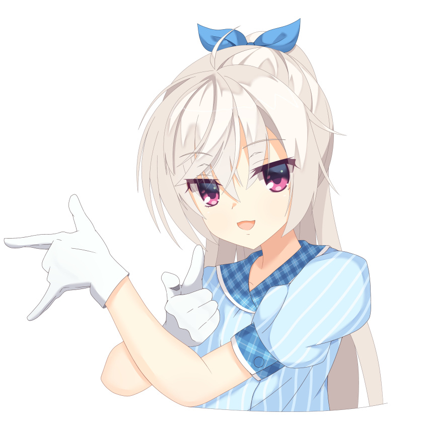 1girl :d \m/ absurdres akizuki_kanna blue_bow blue_shirt bow cafe_stella_to_shinigami_no_chou colored_eyelashes commentary crossed_bangs eyes_visible_through_hair gloves grey_hair hair_between_eyes hair_bow highres kaon_zz long_hair looking_at_viewer open_mouth ponytail puffy_short_sleeves puffy_sleeves purple_eyes shirt short_sleeves simple_background smile solo tsuki_ni_kawatte_oshioki_yo upper_body very_long_hair waitress white_background white_gloves