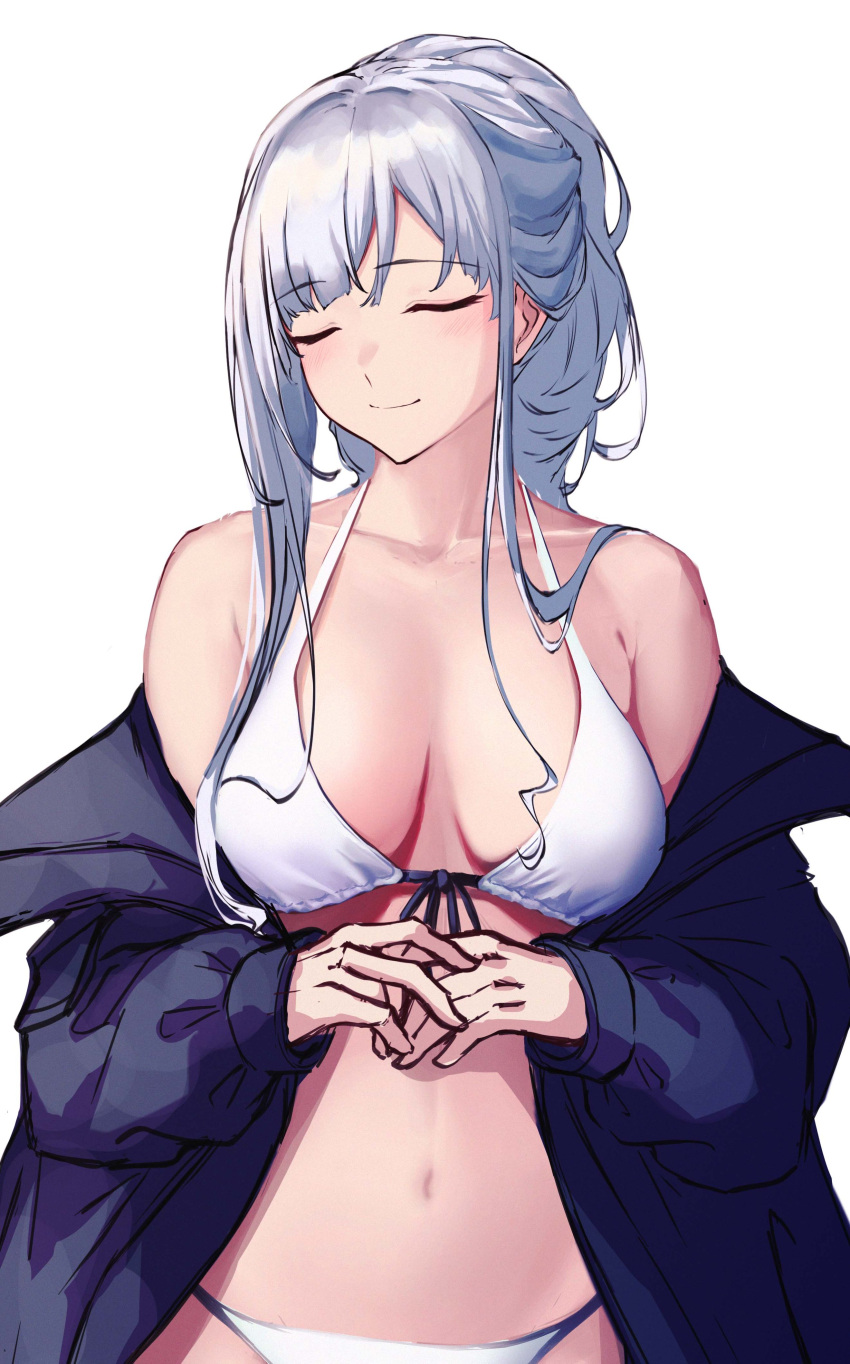 1girl 3_small_spiders absurdres ak-12_(girls'_frontline) bikini blue_jacket braid breasts closed_eyes closed_mouth commentary_request cowboy_shot french_braid girls'_frontline grey_hair highres jacket medium_breasts navel off_shoulder sidelocks silver_bikini swimsuit white_background