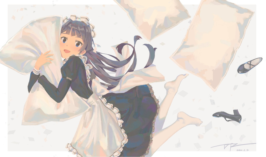 1girl :d apron black_footwear black_hair blue_eyes da_tengzi highres idolmaster idolmaster_million_live! long_hair looking_at_viewer lying maid maid_apron maid_headdress mogami_shizuka no_shoes object_hug pillow pillow_hug shoes simple_background smile solo