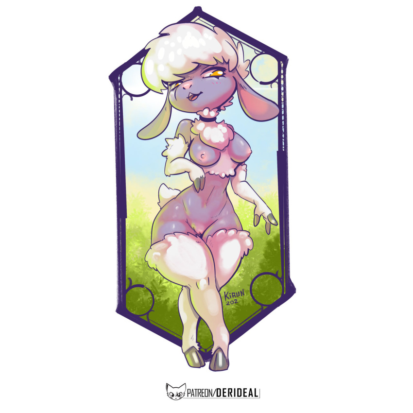 2023 border bovid breasts caprine choker clear_sky colored digital_drawing_(artwork) digital_media_(artwork) ears_down english_text female fur genitals hi_res hooves icon jewelry kiaun letters looking_down mammal necklace nude pink_nose pivoted_ears plant portrait pussy shaded sheep signature simple_background solo standing symbol teeth text tongue tree url white_background wool_(fur) yellow_eyes