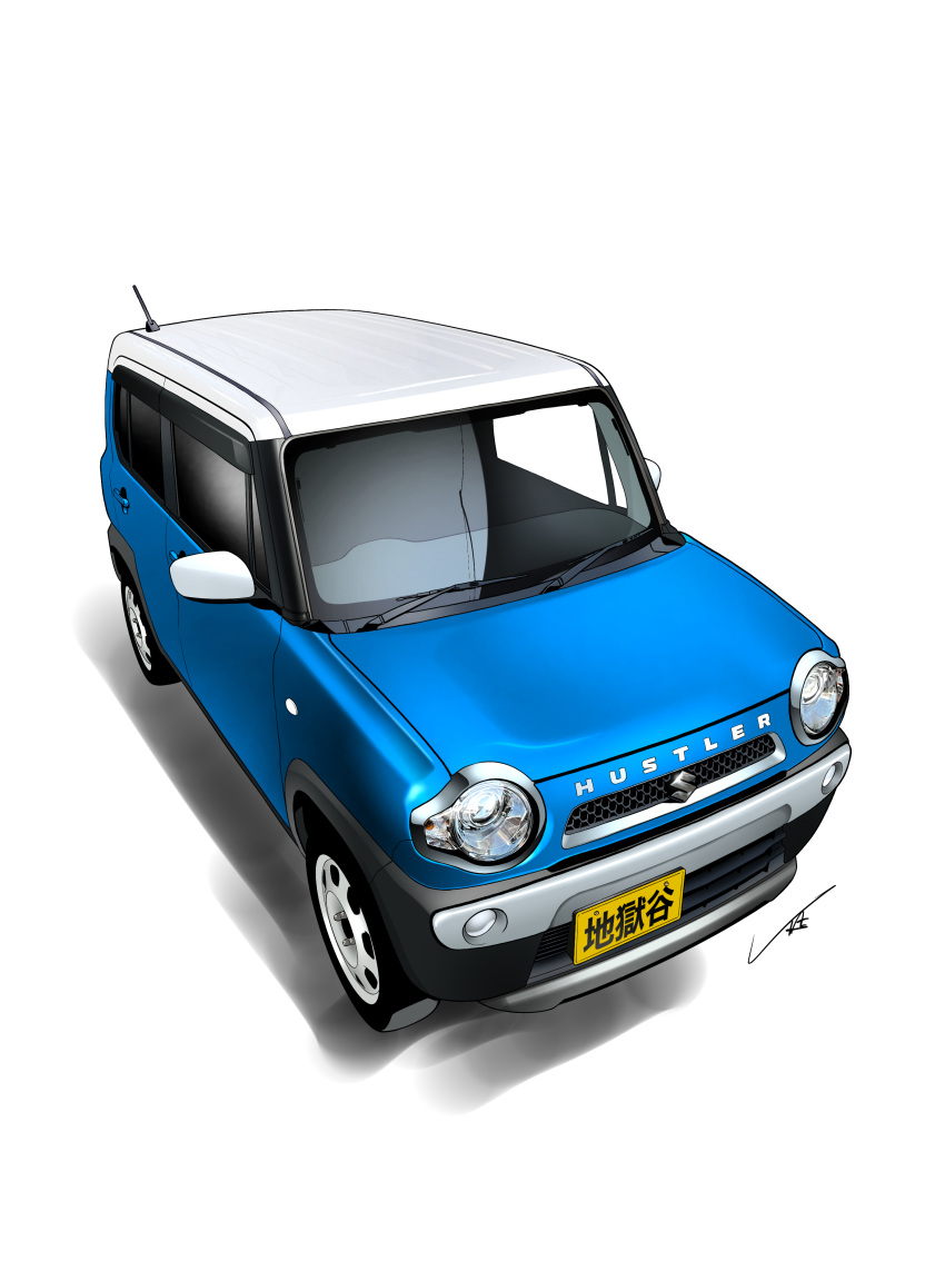 absurdres blue_car car commentary from_above headlight highres license_plate motor_vehicle no_humans original rear-view_mirror shadow signature simple_background sports_utility_vehicle suzuki_(company) suzuki_hustler vehicle_focus white_background yasu_(pixiv) yurucamp