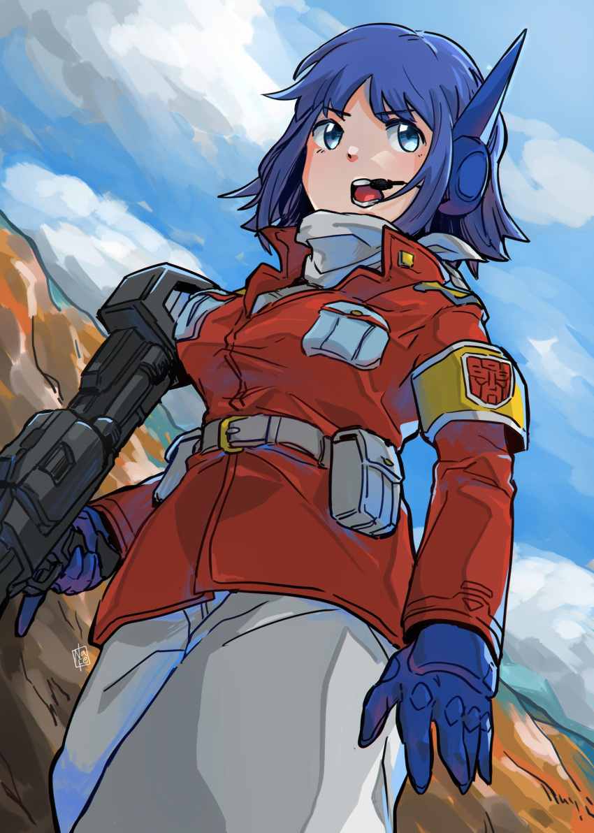 1girl absurdres armband autobot bangs belt blue_eyes blue_gloves blue_hair breasts genderswap genderswap_(mtf) gloves grey_belt grey_pants grey_scarf grey_shirt gun headset highres holding holding_gun holding_weapon humanization jacket looking_to_the_side medium_breasts nasutetsu open_mouth optimus_prime pants pouch red_jacket scarf shirt short_hair sky solo transformers weapon