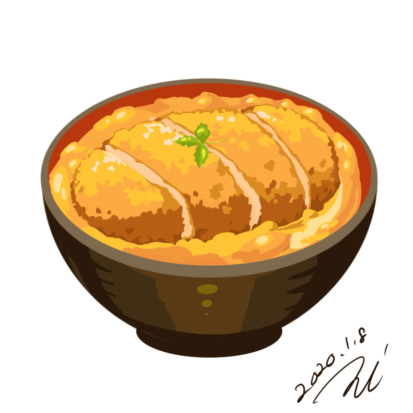 bowl dated food food_focus highres katsu_(food) katsudon_(food) leaf miwa_nagi no_humans original rice signature simple_background white_background