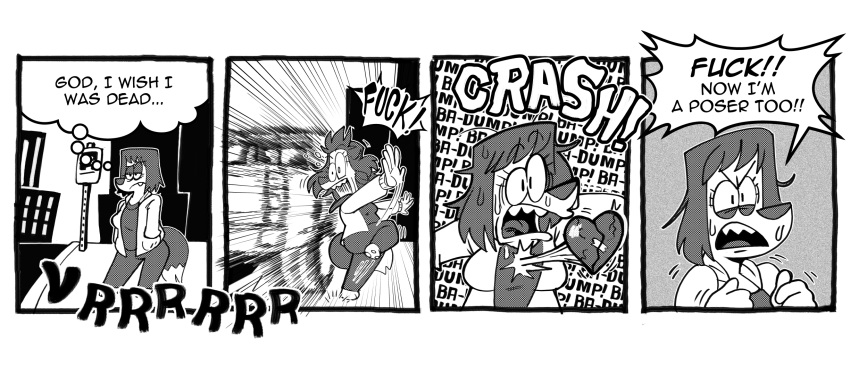 2023 4_panel_comic angry anthro canid canine canis car car_crash dialogue domestic_dog english_text female galactabee greyscale hand_in_pocket hi_res mammal monochrome near_death nikki_(galactabee) pockets profanity solo speeding text vehicle