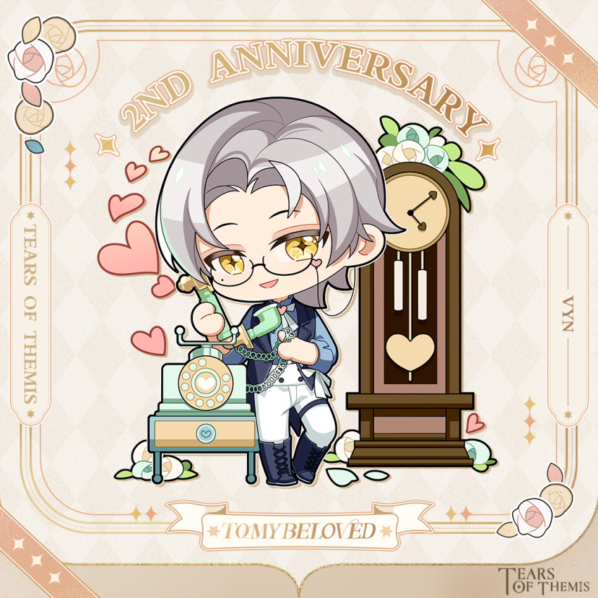 +_+ 1boy :d anniversary antique_phone black-framed_eyewear black_footwear black_vest blue_flower blue_rose blue_shirt boots brown_background character_name chibi clock copyright_name corded_phone cross-laced_footwear flower full_body glasses grandfather_clock grey_hair heart holding holding_phone lace-up_boots male_focus mole mole_under_eye official_art open_clothes open_vest pants parted_bangs phone rose rotary_phone semi-rimless_eyewear shirt simple_background smile solo tears_of_themis under-rim_eyewear vest vyn_richter_(tears_of_themis) white_flower white_pants white_rose yellow_eyes