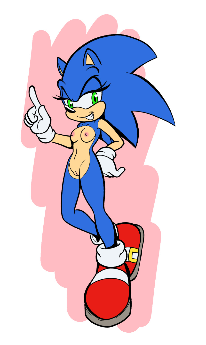 anthro blue_body blue_fur breasts clothing crossgender eulipotyphlan female footwear footwear_only fours_(artist) fur genitals gloves green_eyes handwear hedgehog hi_res looking_smug mammal mostly_nude nipples pussy sega shoes shoes_only slim small_breasts solo sonic_the_hedgehog sonic_the_hedgehog_(series)