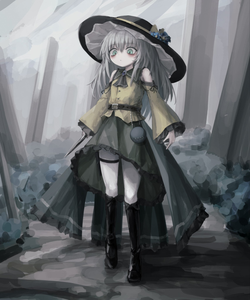 1girl :o black_footwear black_headwear boots bow buttons diamond_button eyeball frilled_shirt_collar frilled_skirt frilled_sleeves frills full_body green_eyes green_skirt grey_hair hat hat_bow hat_ribbon highres holding holding_knife knife komeiji_koishi leather leather_boots long_hair long_sleeves looking_down medium_hair reverinth ribbon shirt skirt solo third_eye touhou wavy_hair wide_sleeves yellow_bow yellow_ribbon yellow_shirt