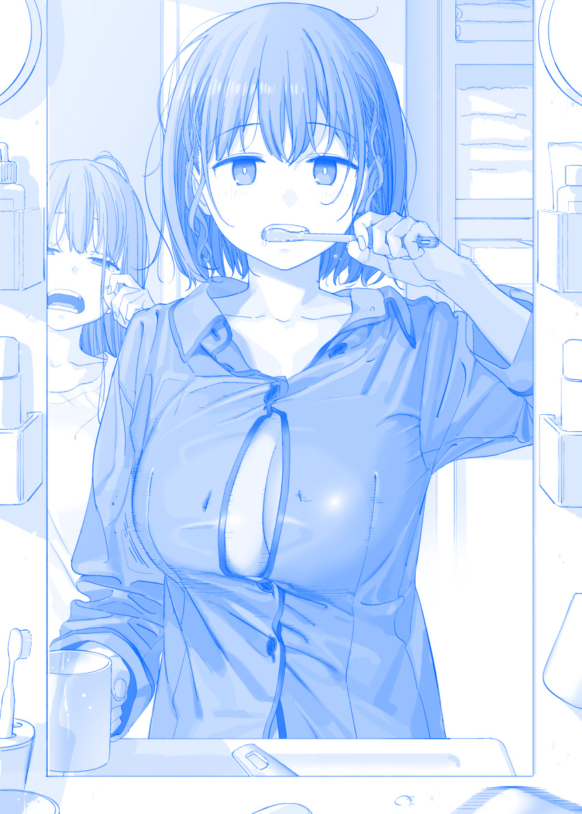 2girls ai-chan's_sister_(tawawa) ai-chan_(tawawa) blue_theme bouncing_breasts breasts brushing_teeth cleavage coffee_mug collarbone cup getsuyoubi_no_tawawa highres himura_kiseki holding holding_cup large_breasts long_hair mirror mug multiple_girls open_mouth pajamas popped_button reflection short_hair toothbrush yawning