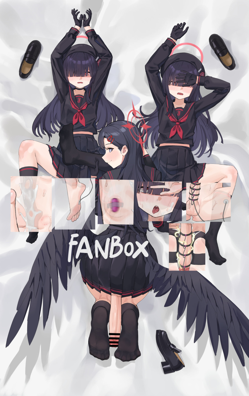 3girls absurdres bar_censor bed_sheet beret black_footwear black_gloves black_hair black_headwear black_sailor_collar black_serafuku black_socks black_wings blue_archive blush censored chuck_(harfmoondark) closed_mouth feathered_wings futanari gloves grey_eyes hair_over_eyes halo hat highres ichika_(blue_archive) justice_task_force_member_(blue_archive) kneehighs long_hair long_sleeves low_wings multiple_girls navel neckerchief open_mouth paid_reward_available penis red_eyes red_halo red_neckerchief sailor_collar school_uniform serafuku shoes smile socks unworn_shoes wings