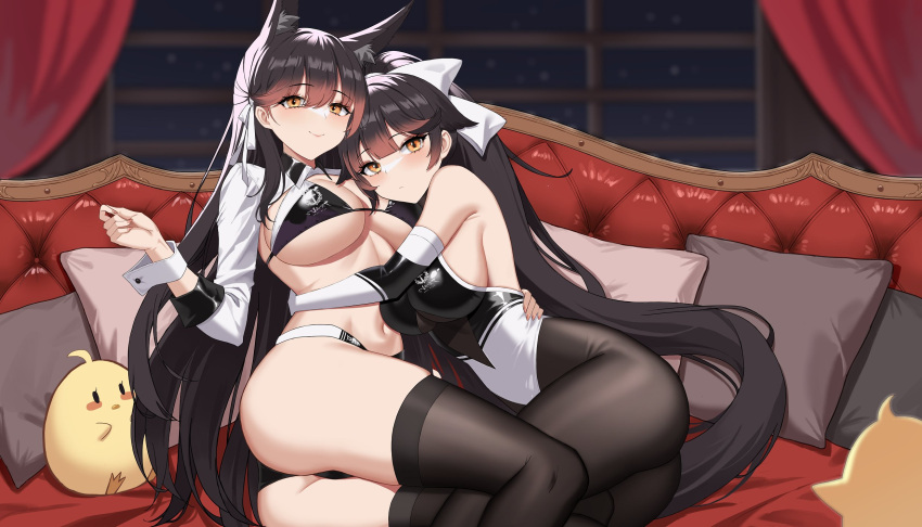 2girls animal_ear_fluff ass atago_(azur_lane) atago_(stunning_speedster)_(azur_lane) azur_lane bare_shoulders bikini black_bikini black_hair black_pantyhose black_thighhighs bow breasts closed_mouth couch elbow_gloves gloves hair_bow hand_up highres hug indoors large_breasts leotard long_hair long_sleeves looking_at_viewer manjuu_(azur_lane) multiple_girls official_alternate_costume on_couch otakueden1995 pantyhose pillow ponytail race_queen sidelocks sitting smile stomach swimsuit takao_(azur_lane) takao_(full_throttle_charmer)_(azur_lane) thighhighs white_bow white_gloves white_leotard yellow_eyes