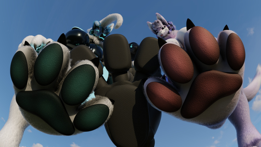 2023 3_toes 4_toes anthro blep claws cloud feet female first_person_view foot_focus generation_7_pokemon glowing glowing_eyes group hair hi_res long_hair looking_at_viewer looking_down looking_down_at_viewer lycanroc macro male mamagen neck_tuft nintendo paw_day pawpads paws pokemon pokemon_(species) protogen_visor raised_leg sky_background syko_(mamagen) synal_(the_tao_swordsman) synth_(vader-san) the_tao_swordsman tk-tn1c toe_claws toes tongue tongue_out trio tuft