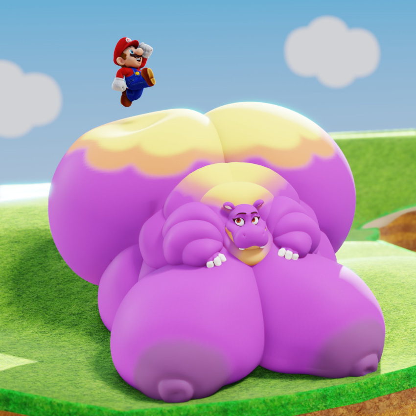 back_fat big_breasts big_butt big_nipples breasts butt chunkerbuns common_hippopotamus duo fat_arms female hi_res hippopotamid huge_breasts huge_butt human hyper hyper_breasts hyper_butt male mammal mario mario_bros morbidly_obese morbidly_obese_female nintendo nipples obese obese_female overweight overweight_female purple_body red_eyes super_mario_bros_wonder