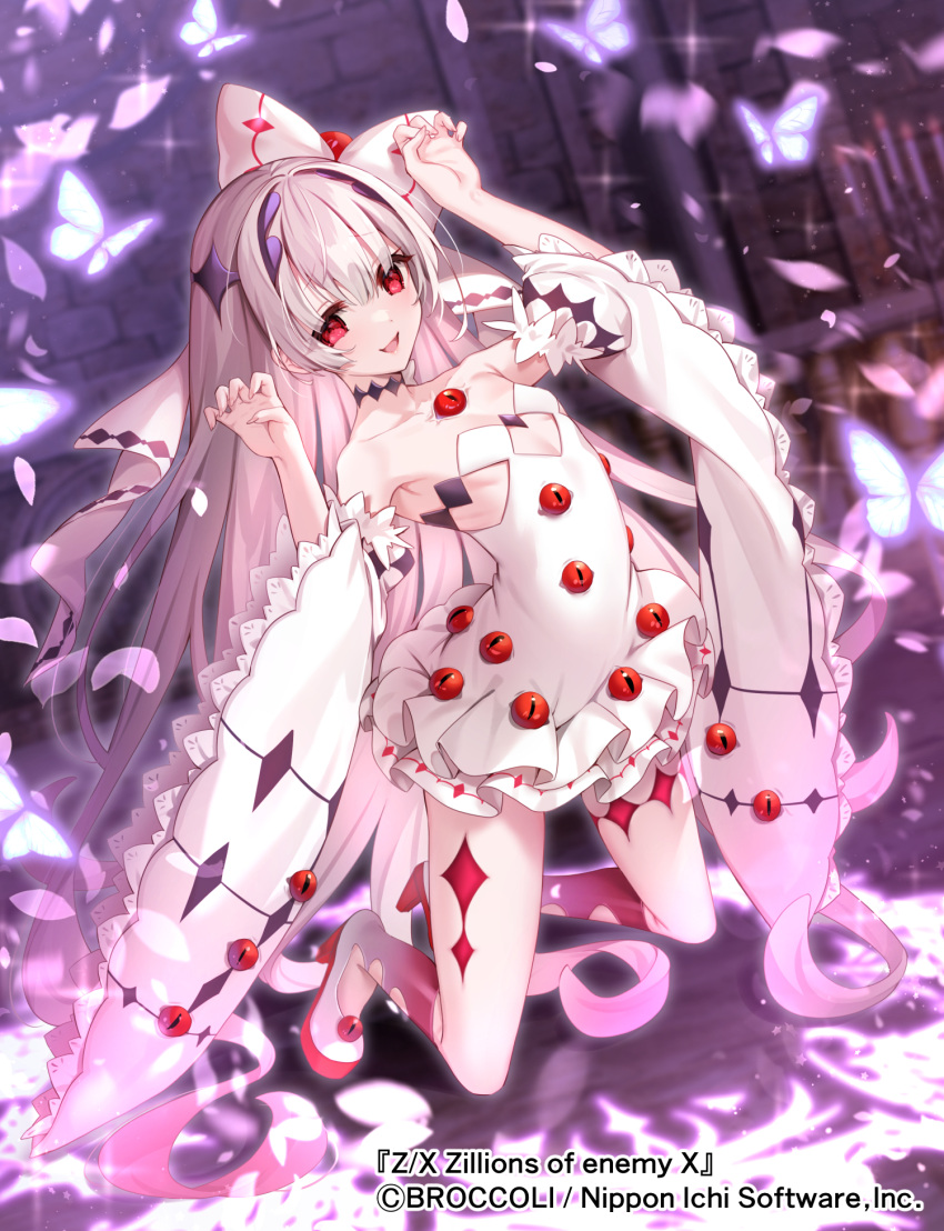 1girl black_choker blurry blurry_background bow bug butterfly choker claw_pose detached_sleeves dress extra_eyes grey_hair hair_bow highres long_hair looking_at_viewer monster_girl official_art petals red_eyes sakofu solo white_dress z/x