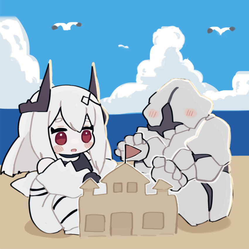 1girl 1other :o arknights beach bird black_choker black_gloves black_shirt blue_sky blush blush_stickers chibi choker cloud commentary day demon_horns flag full_body gloves hair_between_eyes hair_ornament highres horns jumpsuit long_hair mudrock_(arknights) mudrock_colossus_(arknights) ocean open_jumpsuit open_mouth outdoors red_eyes rock sand_castle sand_sculpture seagull shirt sky someyaya white_hair white_jumpsuit