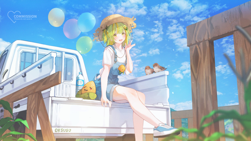 1girl absurdres balloon bird blonde_hair blue_overalls blue_sky blush cloud cloudy_sky commentary commission corn corn_hair_ornament day fence green_hair hat highres looking_at_viewer mole mole_under_eye motor_vehicle multicolored_hair open_mouth original outdoors overall_shorts overalls patch_oxxo pickup_truck plastic_bottle shirt short_hair sitting sky straw_hat symbol-only_commentary truck two-tone_hair white_shirt wooden_fence