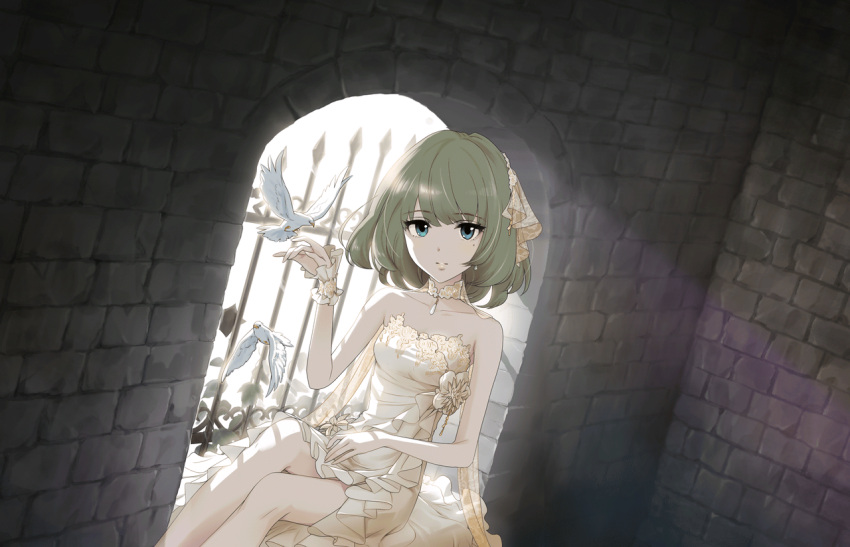 1girl bare_shoulders bird blue_eyes breasts collarbone dove dress dutch_angle eyelashes feet_out_of_frame frilled_dress frills game_cg green_hair hair_ribbon hand_up idolmaster idolmaster_cinderella_girls idolmaster_cinderella_girls_starlight_stage indoors legs looking_at_viewer medium_hair mole mole_under_eye official_art parted_lips ribbon shadow sitting small_breasts solo stone_wall strapless strapless_dress takagaki_kaede wall white_dress