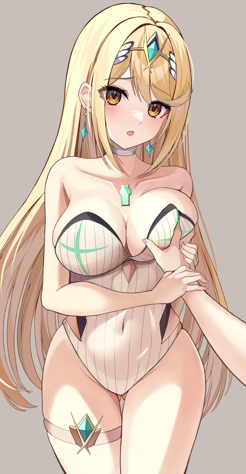 2girls :o absurdres bare_shoulders blonde_hair blush breasts chest_jewel cleavage covered_navel earrings gem grabbing grabbing_another's_breast groping guided_breast_grab guiding_hand hair_ornament headpiece highres jewelry kaede_(maple4rt) large_breasts long_hair looking_at_viewer multiple_girls mythra_(radiant_beach)_(xenoblade) one-piece_swimsuit open_mouth strapless strapless_swimsuit swept_bangs swimsuit thigh_strap thighs tiara very_long_hair white_one-piece_swimsuit xenoblade_chronicles_(series) xenoblade_chronicles_2 yellow_eyes yuri