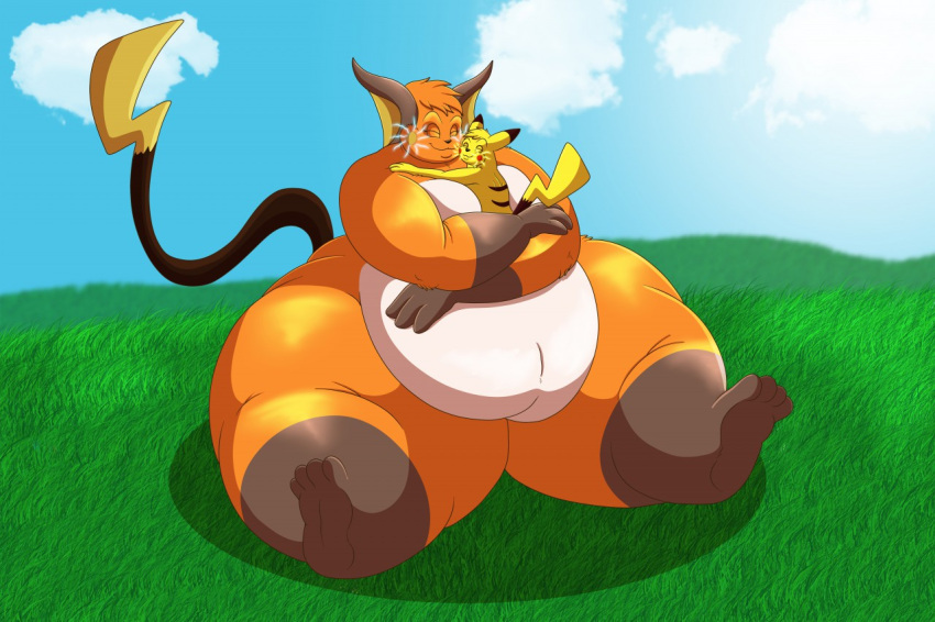 2016 anthro belly big_belly big_breasts breasts cloud cocoa_(cheesecaker) cuddling duo electricity embrace female field fur generation_1_pokemon grass hair hug larger_female male male/female mammal nintendo nude obese obese_anthro obese_female orange_body orange_fur overweight overweight_anthro overweight_female overweight_male paws pikachu plant pokemon pokemon_(species) raichu robthehoopedchipmunk rodent simple_background size_difference sky smaller_male smile sparks_(cheesecaker) tail thick_thighs wide_hips yellow_body yellow_fur