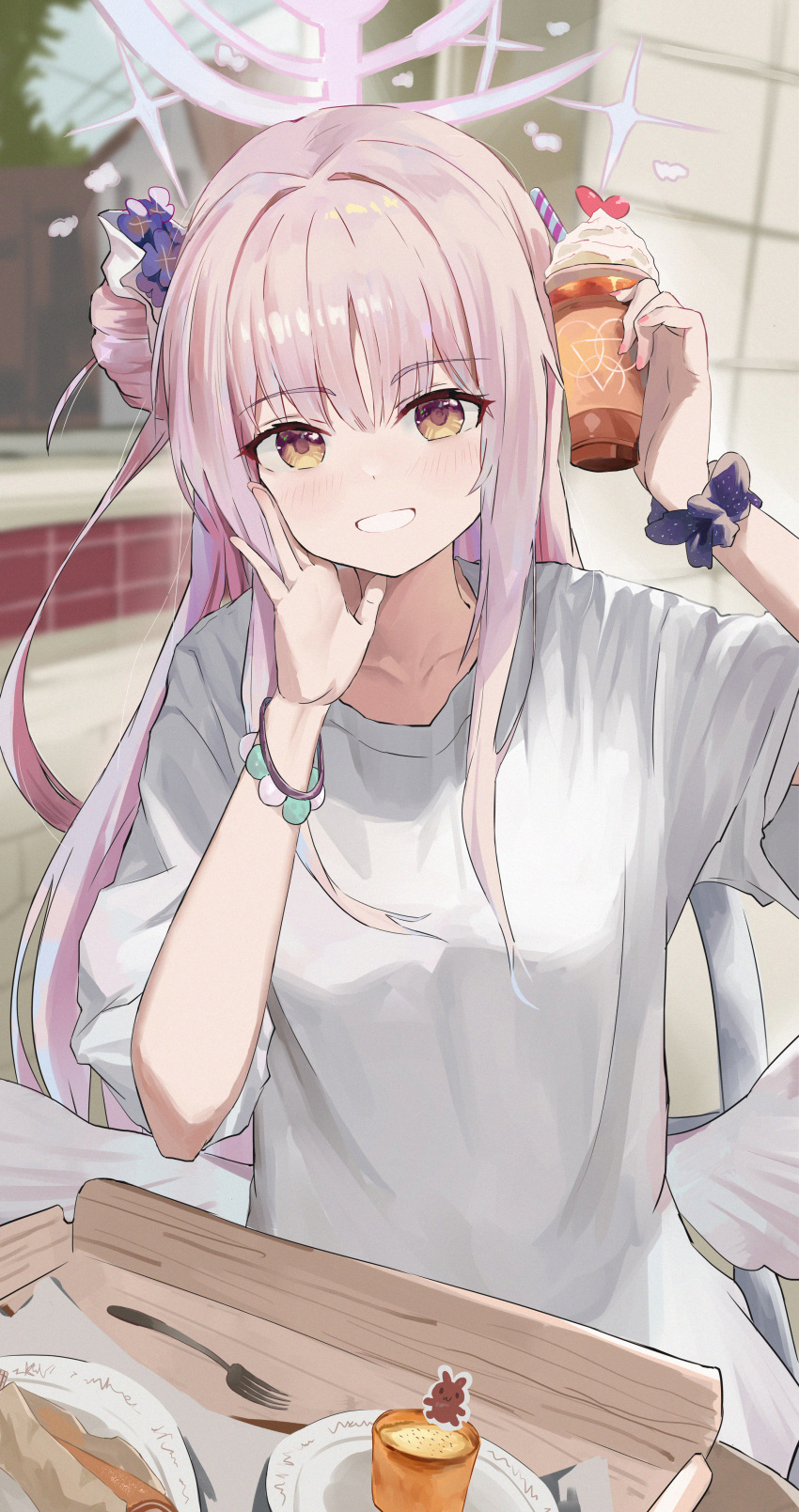 1girl absurdres blue_archive blush bracelet breasts collarbone cup disposable_cup fingernails hair_bun halo highres holding holding_cup jewelry jsscj looking_at_viewer medium_breasts mika_(blue_archive) nail_polish pink_hair shirt sidelocks single_side_bun smile solo white_shirt wooden_tray