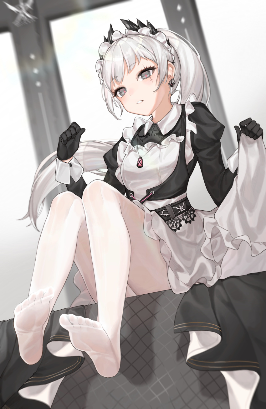 1girl absurdres ambience_synesthesia arknights black_gloves black_shirt collared_shirt commentary_request dress gloves grey_eyes grey_hair hands_up highres irene_(arknights) jiejiejiejiejie993 juliet_sleeves legs long_hair long_sleeves no_shoes pantyhose parted_lips puffy_sleeves scar scar_across_eye shirt soles solo toes very_long_hair white_dress white_pantyhose