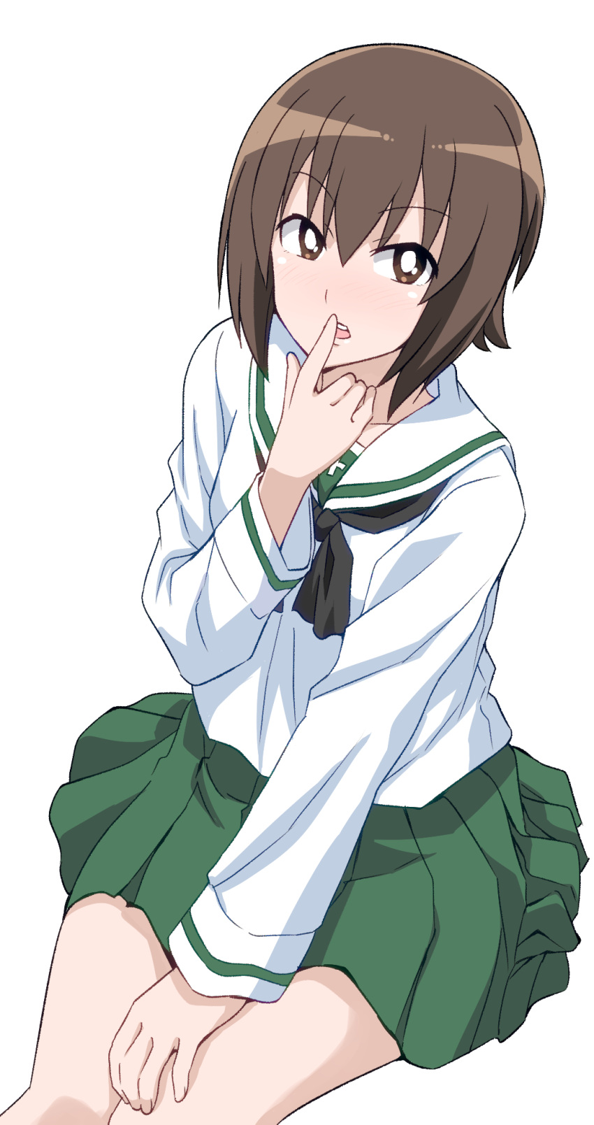 1girl black_neckerchief blouse bright_pupils brown_eyes brown_hair finger_to_mouth girls_und_panzer green_skirt highres long_sleeves looking_at_viewer miniskirt neckerchief nishizumi_maho ooarai_school_uniform open_mouth pleated_skirt ponzu_rui sailor_collar school_uniform serafuku shirt short_hair simple_background sitting skirt solo white_background white_pupils white_sailor_collar white_shirt