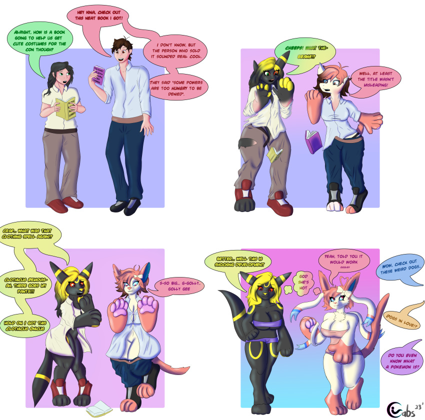 4_panel_comic absurd_res acutegabby alpha_channel breast_growth breasts clothing comic convention crossgender cursed dialogue duo eeveelution english_text gender_transformation generation_2_pokemon generation_6_pokemon growth hi_res mtf_transformation nintendo pokemon pokemon_(species) sequence species_transformation sylveon tail_growth text torn_clothing transformation transformation_by_magical_item transformation_sequence umbreon