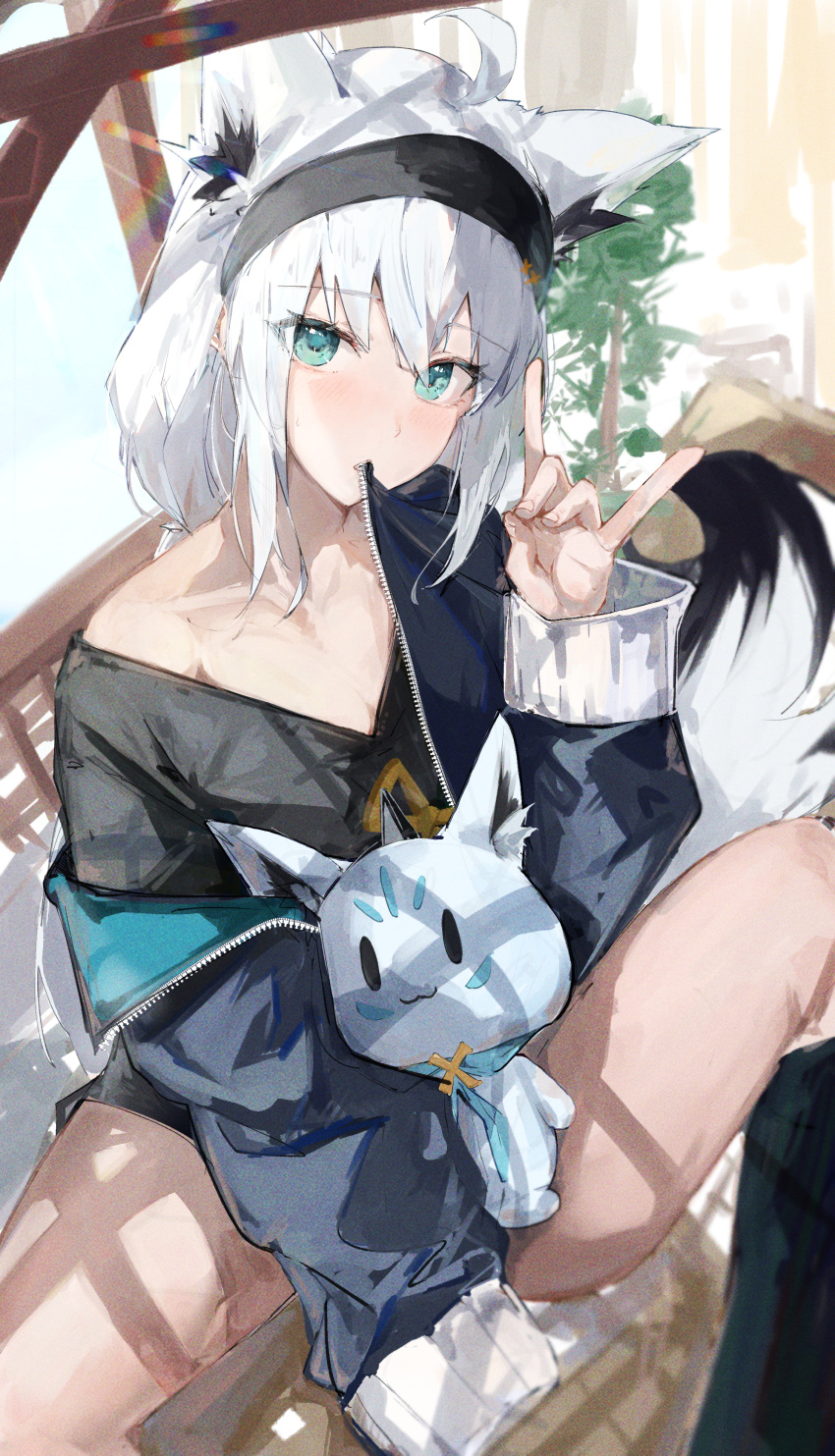 1girl absurdres ahoge animal_ear_fluff animal_ears black_hairband black_jacket black_shirt braid commentary_request earrings fox_ears fox_girl fox_shadow_puppet fox_tail green_eyes hair_between_eyes hairband highres hololive jacket jewelry long_hair looking_at_viewer open_clothes open_jacket shirakami_fubuki shirakami_fubuki_(7th_costume) shirt sidelocks single_braid sitting solo stuffed_toy sukonbu_(shirakami_fubuki) tail virgo76612871 virtual_youtuber white_hair