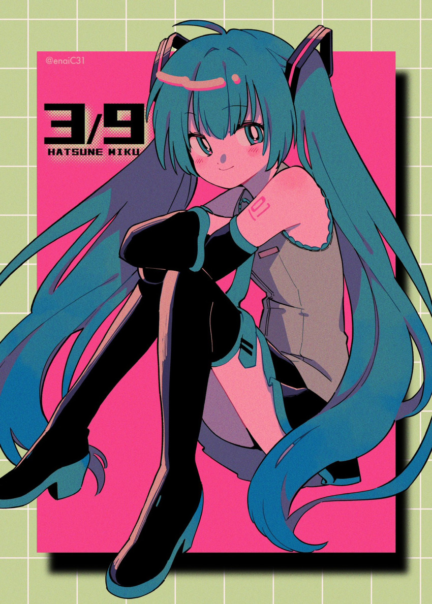 1girl 39 aqua_eyes aqua_hair aqua_necktie arm_tattoo black_footwear black_skirt black_sleeves blush_stickers boots bright_pupils closed_mouth commentary crossed_arms detached_sleeves grey_shirt hair_ornament hatsune_miku highres knees_up long_hair looking_to_the_side menma_(enaic31) miku_day necktie number_tattoo pleated_skirt shirt sitting skirt sleeveless sleeveless_shirt smile solo tattoo thigh_boots tie_clip twintails very_long_hair vocaloid white_pupils