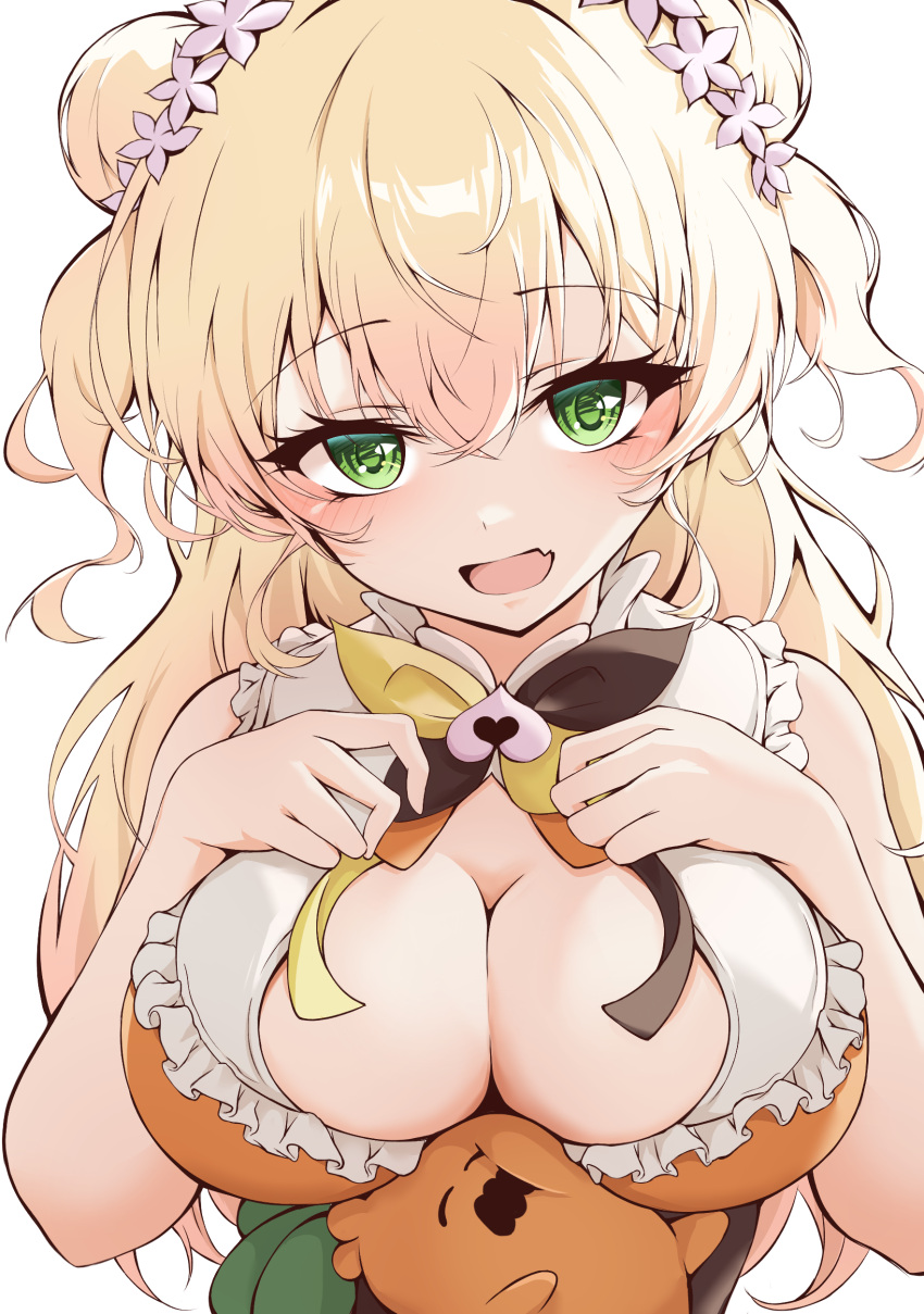 1girl absurdres bell blonde_hair blush bow bowtie breasts cleavage cleavage_cutout clothing_cutout commentary_request double_bun fang flower frilled_shirt frills green_eyes hair_bun hair_flower hair_ornament highres hololive iikiroro jingle_bell large_breasts long_hair looking_at_viewer momosuzu_nene momosuzu_nene_(1st_costume) multicolored_bow neck_bell nekko_(momosuzu_nene) open_mouth orange_shirt peach_ornament shirt simple_background skin_fang sleeveless sleeveless_shirt upper_body virtual_youtuber white_background