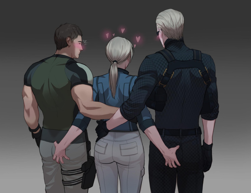 1girl 2boys albert_wesker ass_grab assertive_female back belt black_belt black_gloves black_hair black_pants blonde_hair blue_jacket blush chris_redfield commentary english_commentary female_pervert gloves gradient_background green_shirt grey_pants gun heart highres holster holstered jacket jill_valentine looking_at_another multiple_boys muscular muscular_male pants pervert ponytail resident_evil resident_evil_5 shirt short_hair shoulder_holster simple_background sunglasses sw_art7 thigh_holster weapon