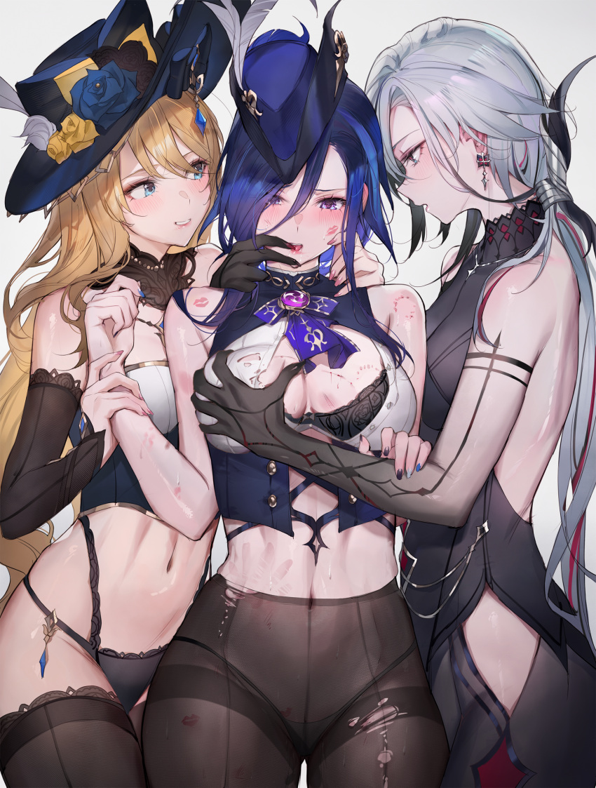 3girls absurdres arlecchino_(genshin_impact) bare_shoulders bite_mark bite_mark_on_breast bite_mark_on_shoulder black_gloves black_panties black_pantyhose blonde_hair blue_eyes blue_hair blue_headwear blush breasts clorinde_(genshin_impact) cowboy_shot earrings genshin_impact gloves grabbing grabbing_another's_breast grey_hair hat highres jewelry large_breasts lipstick_mark lipstick_mark_on_face lipstick_mark_on_shoulder long_hair looking_at_another multiple_girls navel navia_(genshin_impact) panties pantyhose parted_lips qiandaiyiyu simple_background smile torn_clothes torn_pantyhose underwear yuri