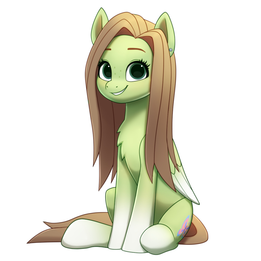 alpha_channel brown_hair brown_mane brown_tail chest_tuft cutie_mark digital_media_(artwork) ear_piercing equid equine eyelashes fan_character feathers female feral folded_wings freckles fur green_body green_eyes green_feathers green_fur hair hasbro hi_res long_hair long_mane lumina_(oc) luminousdazzle mammal mane my_little_pony pegasus piercing simple_background sitting smile solo tail transparent_background tuft wings