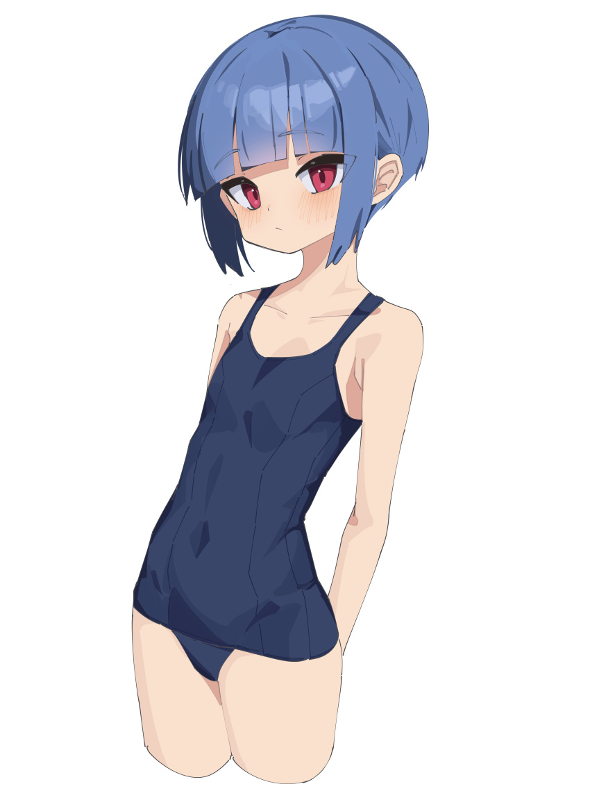 1girl absurdres arms_behind_back bare_shoulders blue_one-piece_swimsuit blunt_bangs blush breasts closed_mouth commentary cowboy_shot cropped_legs expressionless highres looking_at_viewer myakuroekako one-piece_swimsuit original red_eyes school_swimsuit sideways_glance simple_background small_breasts solo swimsuit tsurime white_background