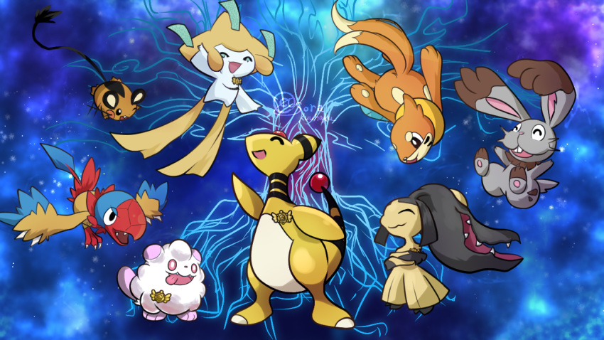 1girl 1other :3 ^_^ ampharos archen arm_up artist_name badge big_hair bird black_eyes black_hair black_skin blue_background bright_pupils buck_teeth buizel bunnelby closed_eyes closed_mouth colored_skin commentary_request crossed_arms dedenne extra_mouth facial_mark fangs forehead_jewel full_body fushigi_no_dungeon gem happy jirachi jumping mawile multicolored_skin multiple_tails one_eye_closed open_mouth pawpads pink_eyes pokemon pokemon_(creature) pokemon_(game) pokemon_mystery_dungeon pokemon_super_mystery_dungeon red_gemstone sharp_teeth sidelocks signature smile sora_(sorakuuhaku) space standing swirlix tail teeth tongue tongue_out tree twitter_username two-tone_skin two_tails whisker_markings white_pupils yellow_skin