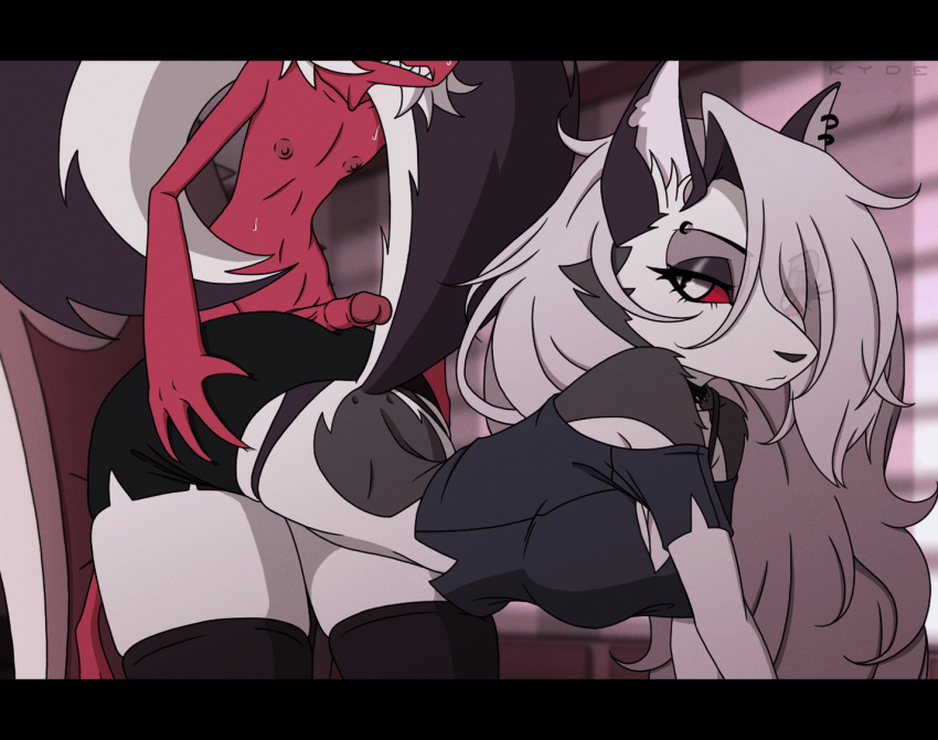 2d_(artwork) 2d_animation all_fours animated anthro breasts butt butt_grab canid canid_demon clothed clothing demon duo ear_piercing ears_up female genitals hair hand_on_butt hellhound helluva_boss hot_dogging humanoid imp kyde legwear long_hair loona_(helluva_boss) male male/female mammal moxxie_(helluva_boss) penis piercing red_sclera sex short_playtime standing standing_sex tail unimpressed white_hair yellow_sclera