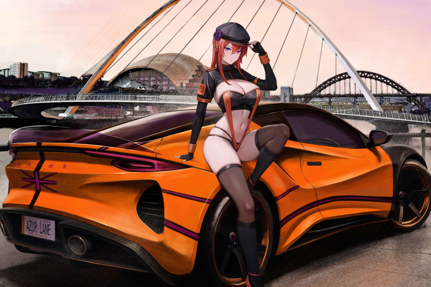 1girl absurdres alternate_costume azur_lane bridge building car character_name cityscape copyright_name england gateshead_millenium_bridge glasshouse_international_centre_for_music hat highres kcar66t license_plate long_sleeves looking_at_viewer lotus_(brand) lotus_emira monarch_(azur_lane) motor_vehicle newcastle_(city) product_placement race_queen real_world_location red_hair river shrug_(clothing) sports_car thighhighs united_kingdom vehicle_focus