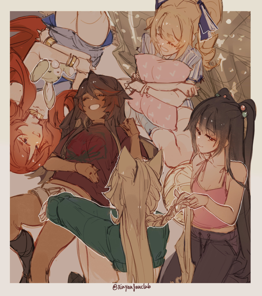 5girls absurdres animal_ears barbara_(genshin_impact) blonde_hair brown_hair cat_ears cat_girl closed_eyes dark-skinned_female dark_skin genshin_impact highres hu_tao_(genshin_impact) lying lynette_(genshin_impact) multicolored_hair multiple_girls nia_(xinyanfanclub) nilou_(genshin_impact) on_back red_eyes red_hair sleepover twintails twitter_username xinyan_(genshin_impact)