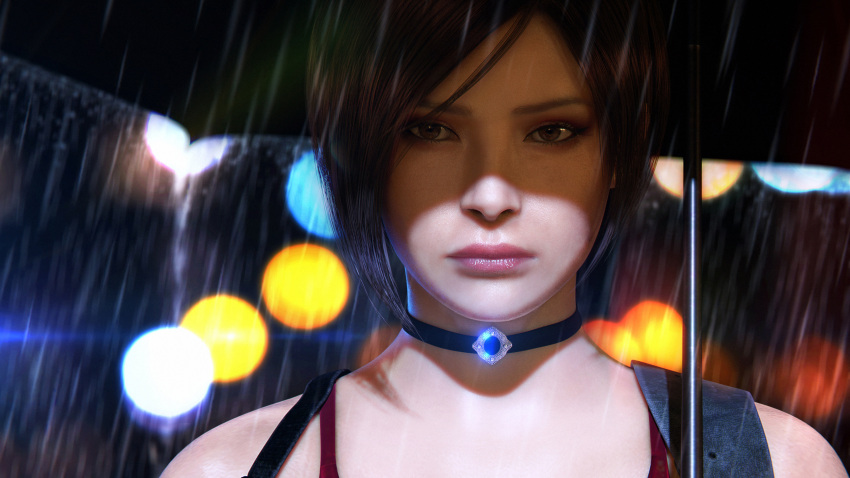 absurdres ada_wong asian choker highres jewelry lights necklace non-web_source rain resident_evil resident_evil_2 resident_evil_2_(remake) shaded_face sleeveless umbrella water_drop