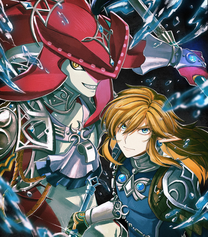 2boys armor ascot blonde_hair blue_eyes earrings grin highres holding holding_polearm holding_sword holding_weapon jewelry kuruto. link male_focus multiple_boys pauldrons pointy_ears polearm shoulder_armor sidon single_earring smile sword the_legend_of_zelda the_legend_of_zelda:_tears_of_the_kingdom water weapon whistle zora zora_set_(zelda)