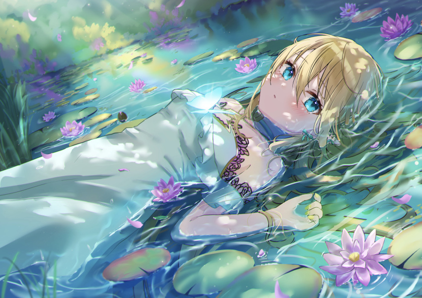 1girl absurdres blonde_hair blue_eyes blush dress grass halter_dress halterneck highres in_water light_rays lily_pad long_hair looking_at_viewer lying on_back original outdoors parted_lips shinzousan solo sunlight water water_lily_flower
