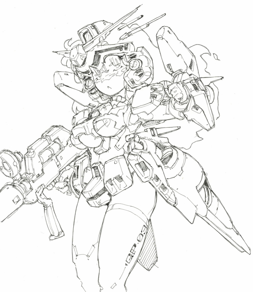 1girl :&lt; arm_shield beam_rifle blush character_name energy_gun fingerless_gloves floating_hair frown gloves greyscale gun gundam gundam_0083 gundam_gp-03_stamen headgear highres holding holding_gun holding_weapon humanization long_hair mecha_musume monochrome single_thighhigh sketch solo tenkiame_(qwm04lnaymk2a7e) thighhighs trigger_discipline v-fin weapon white_background