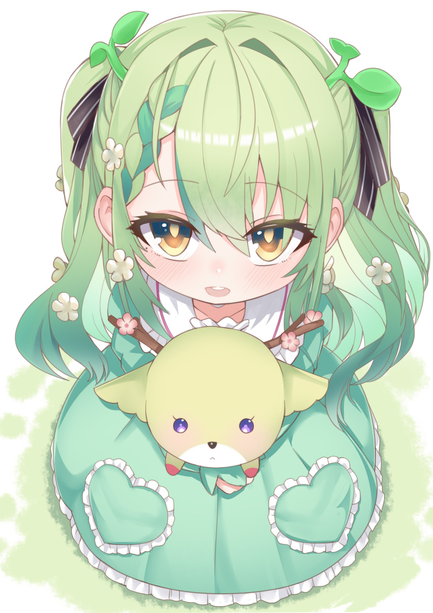 1girl absurdres aged_down blush braid braided_bangs branch breasts ceres_fauna dress flower frilled_dress frills green_hair hair_flower hair_ornament highres holding hololive hololive_english long_hair looking_at_viewer mole mole_under_eye multicolored_hair nemu_(ceres_fauna) senbon_tsuki smile solo teeth upper_teeth_only virtual_youtuber white_background yellow_eyes