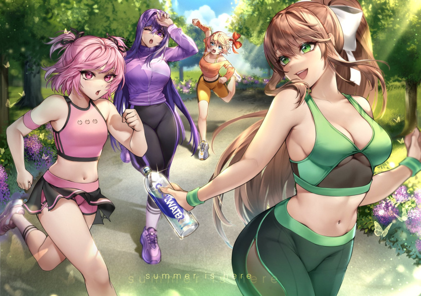 4girls ;o alternate_hairstyle armband bare_arms bare_shoulders bike_shorts blue_eyes blue_sky bottle bow breasts brown_hair bug bush butterfly clenched_hands cloud collarbone commentary crop_top d: day doki_doki_literature_club english_commentary english_text flower green_eyes hair_between_eyes hair_bow hair_ornament hair_ribbon hairclip high_ponytail highres jogging large_breasts light_rays long_hair long_sleeves midriff monika_(doki_doki_literature_club) multiple_girls natsuki_(doki_doki_literature_club) navel one_eye_closed open_mouth outdoors pants pink_eyes pink_hair plastic_bottle potetos7 purple_eyes purple_hair red_bow ribbon running sayori_(doki_doki_literature_club) shoes short_hair short_shorts shorts shorts_under_skirt sidelocks sky small_breasts smile sneakers tree two_side_up very_long_hair water_bottle white_ribbon wince yuri_(doki_doki_literature_club)