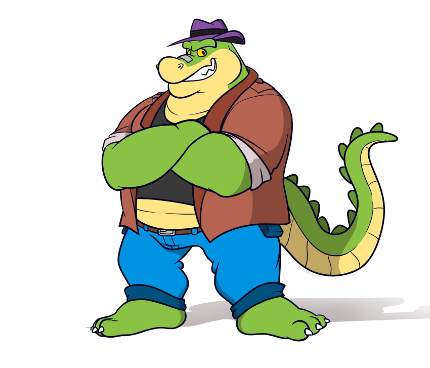 2023 3_toes alligator alligatorid anthro bottomwear brok_(character) brok_the_investigator clothing crocodilian feet green_body hat headgear headwear hi_res male overweight overweight_male pants pork_baozu reptile scalie shirt simple_background smile solo toes topwear white_background