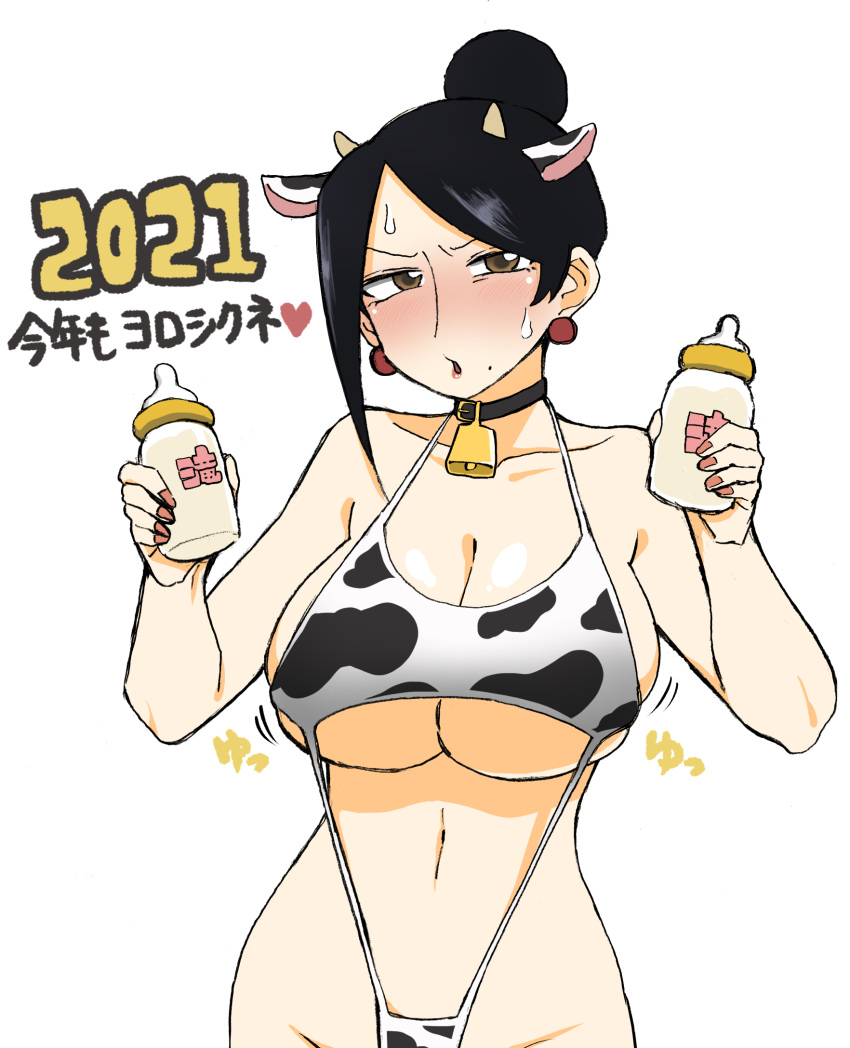 1girl animal_ears animal_print asymmetrical_hair baby_bottle bell bijin_onna_joushi_takizawa-san black_collar black_hair bottle breasts brown_eyes collar collarbone cow_ears cow_horns cow_print cowbell earrings hair_bun highres holding holding_bottle horns jewelry large_breasts mole mole_under_mouth motion_lines navel neck_bell one-piece_swimsuit solo sweatdrop swimsuit takizawa_kyouko two-tone_swimsuit yan-baru