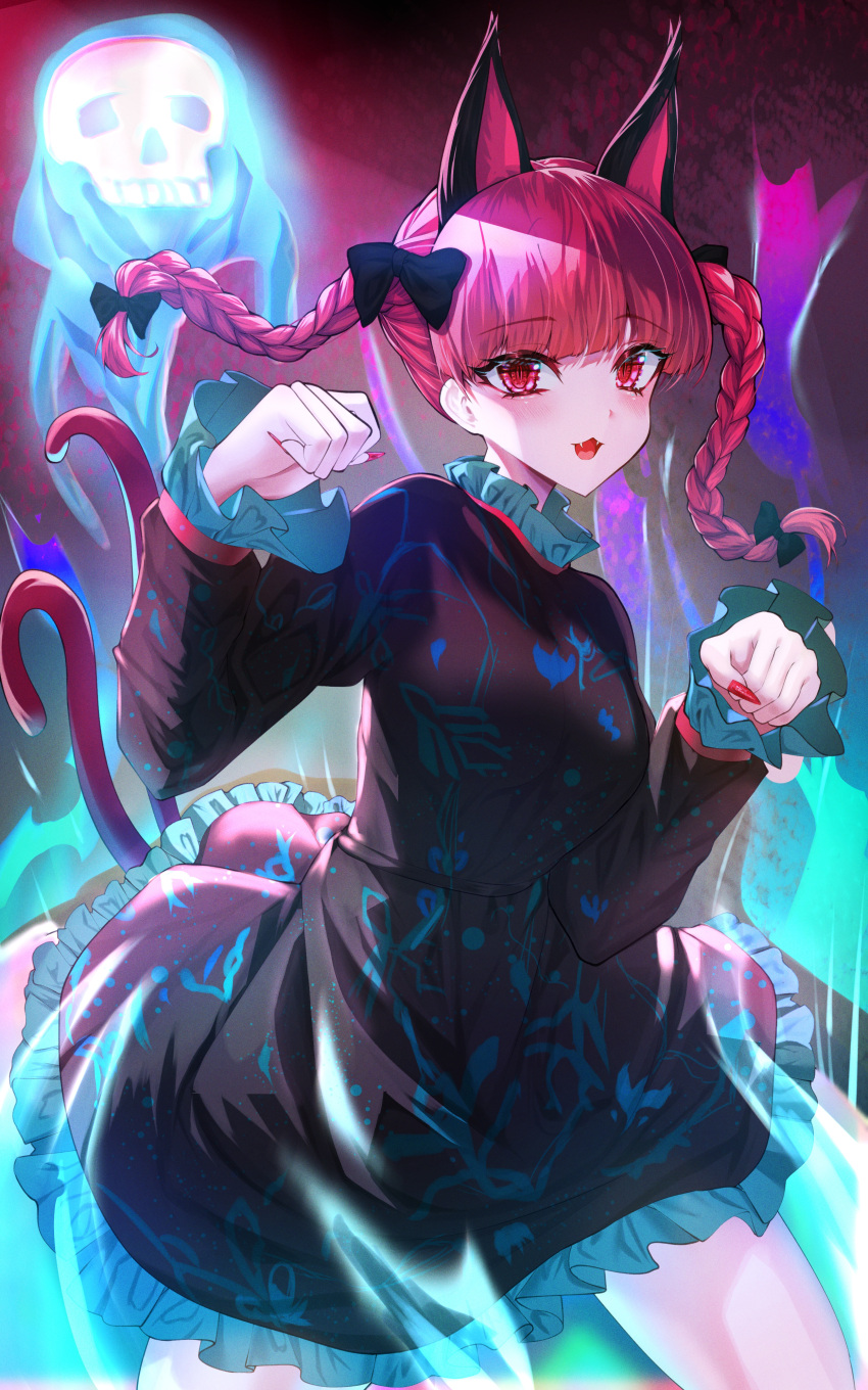 1girl :d absurdres animal_ears aura black_dress bow braid cat_ears cat_girl cat_tail commentary_request cowboy_shot dress extra_ears fangs fingernails floating_skull frilled_dress frilled_sleeves frills hair_bow hands_up highres hitodama kaenbyou_rin long_hair long_sleeves looking_at_viewer multiple_tails nyarocks open_mouth red_bow red_eyes red_hair red_nails sharp_fingernails smile solo tail touhou twin_braids two_tails