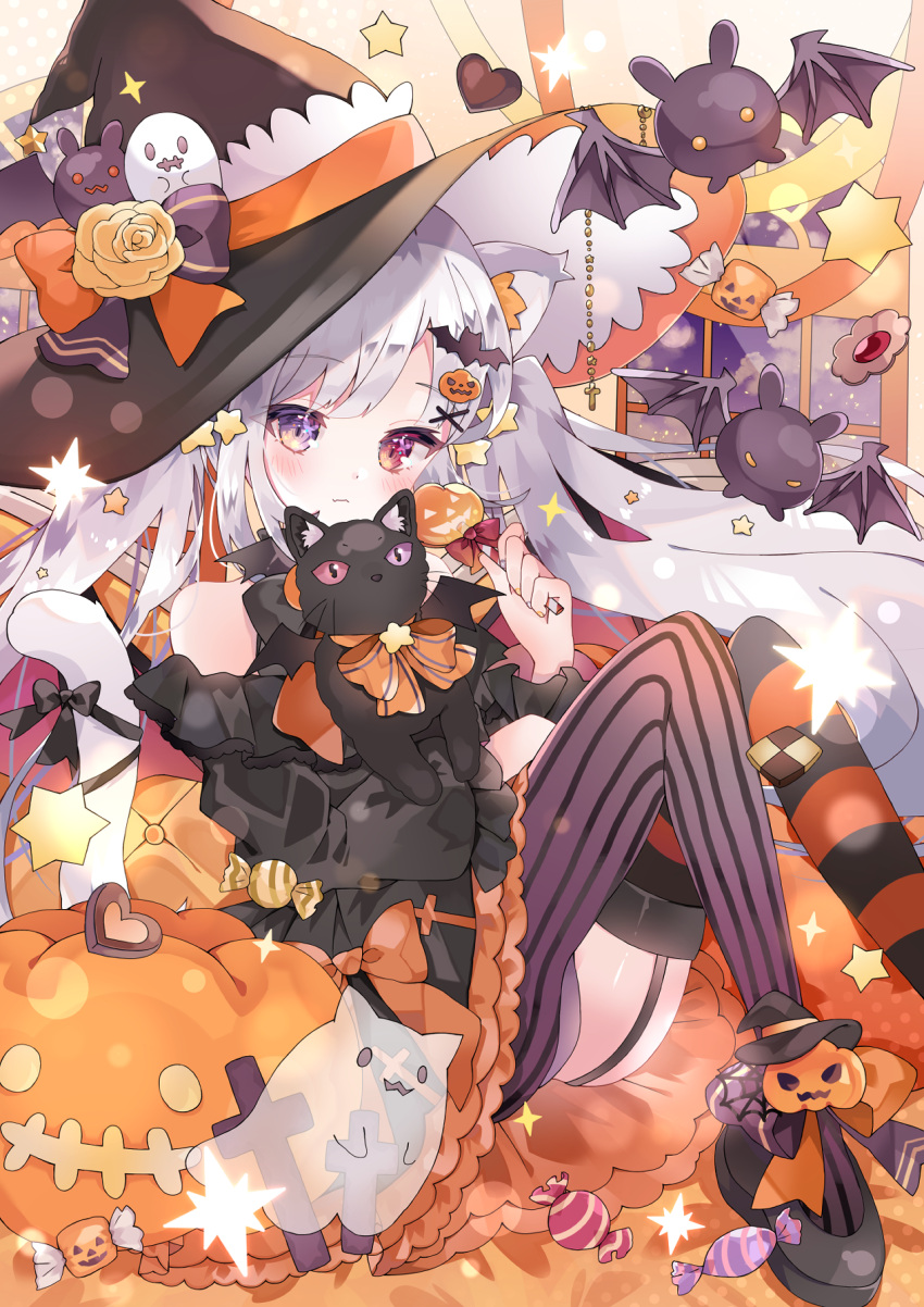 1girl animal_ears aoi_yugina asymmetrical_legwear bat_(animal) bat_hair_ornament black_dress black_footwear bow candy cat cat_ears cat_girl cat_tail closed_mouth clothing_cutout dress fang food frilled_dress frills frown ghost grey_hair grey_pantyhose hair_ornament halloween hat hat_bow highres holding holding_candy holding_food holding_lollipop indoors jack-o'-lantern jack-o'-lantern_hair_ornament lollipop long_hair long_sleeves looking_at_viewer night original pantyhose red_eyes red_thighhighs shoes short_dress shoulder_cutout single_leg_pantyhose sitting skin_fang slit_pupils solo star_(symbol) striped striped_pantyhose striped_thighhighs tail thighhighs vertical-striped_pantyhose vertical_stripes very_long_hair window witch_hat x_hair_ornament