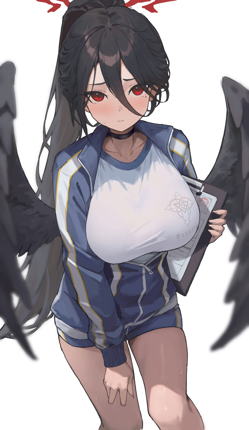 1girl absurdres black_hair black_wings blue_archive blue_jacket blue_shorts blush breasts choker collarbone hair_between_eyes halo hasumi_(blue_archive) hasumi_(track)_(blue_archive) highres jacket large_breasts long_hair long_sleeves looking_at_viewer mole mole_under_eye namake_(nmk44300) official_alternate_costume red_eyes red_halo shorts simple_background solo track_jacket very_long_hair white_background wings