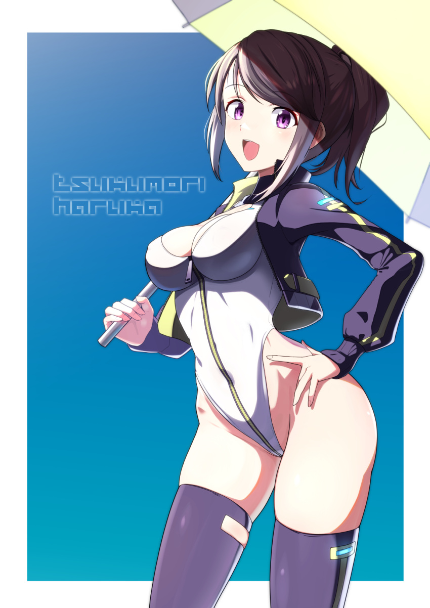 1girl :d alice_gear_aegis black_hair black_jacket black_thighhighs blue_background breasts character_name cleavage cleavage_cutout clothing_cutout commentary companion/af covered_navel cowboy_shot cropped_jacket ebi_(selinanyan) front_zipper full-length_zipper gradient_background hand_on_own_hip high_ponytail highleg highleg_leotard highres holding holding_umbrella jacket leotard long_hair looking_at_viewer oborotsuki_no_regolith:_alice_gear_aegis_gaiden open_mouth parasol ponytail purple_eyes race_queen sidelocks smile solo standing thighhighs tsukumori_haruka turtleneck turtleneck_leotard two-tone_background umbrella white_background white_leotard zipper zipper_leotard zipper_pull_tab